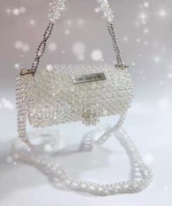 andmade White Crystal Beaded Shoulder Bag - Elegant Pearl Bead Purse with Chain Strap