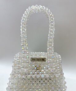 Handmade Iridescent White Crystal Beaded Bag - Elegant Transparent Pearl Beaded Handbag with Handle