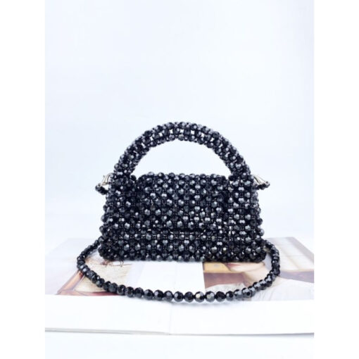 Elegant Handmade Black Crystal Beaded Handbag – Luxury Mini Purse with Crossbody Strap