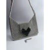 Handmade Silver Beaded Shoulder Bag with Black Heart – Elegant Crystal Pearl Purse for Women