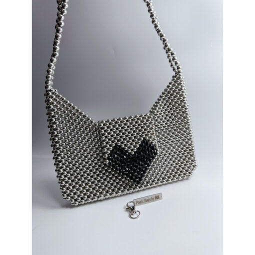 Handmade Silver Beaded Shoulder Bag with Black Heart – Elegant Crystal Pearl Purse for Women