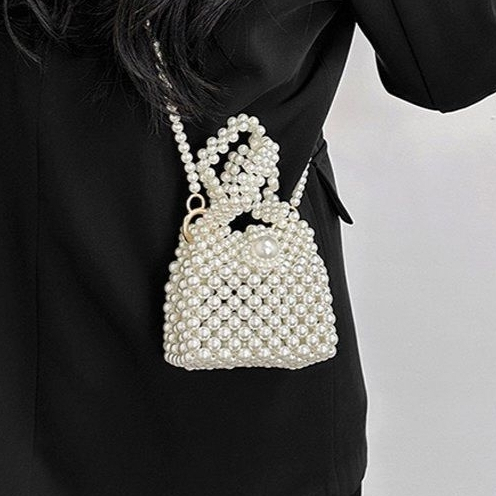 Elegant Handmade Pearl Beaded Mini Bag Vintage White Pearl Purse with Handle And Crossbody Strap