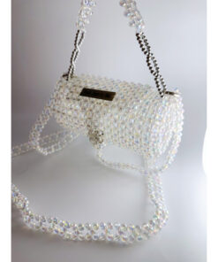 andmade White Crystal Beaded Shoulder Bag - Elegant Pearl Bead Purse with Chain Strap