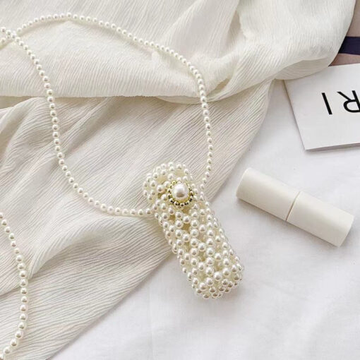 Handmade Pearl Beaded Lipstick Holder Necklace – Elegant Crossbody Mini Bag