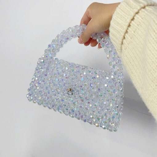 Handmade Iridescent Crystal Beaded Bag - Elegant Transparent Pearl Purse with Handle for Women