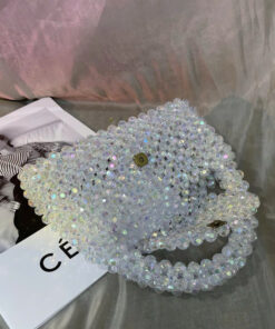 Handmade Iridescent Crystal Beaded Bag - Elegant Transparent Pearl Purse with Handle for Women